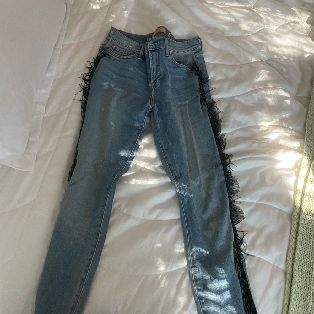 7 For All Mankind Light Blue Skinny Jeans with Black Fringe